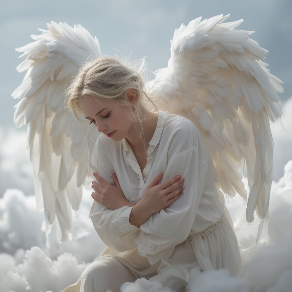 Angel wings embracing a grieving person