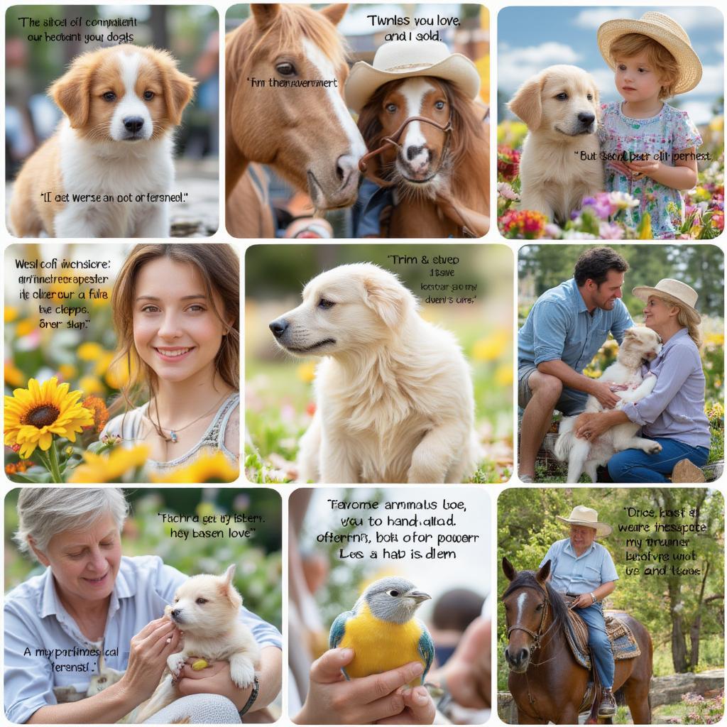 A collage of heartwarming images featuring various animals and humans interacting lovingly, accompanied by inspiring quotes about animal love.