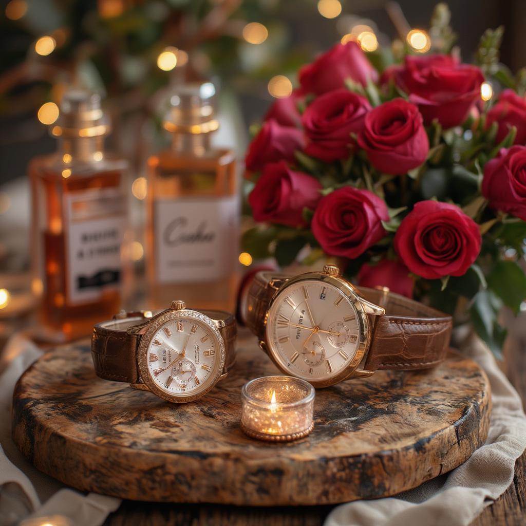 Anniversary gifts for him and her, including watches, perfumes, and flowers.