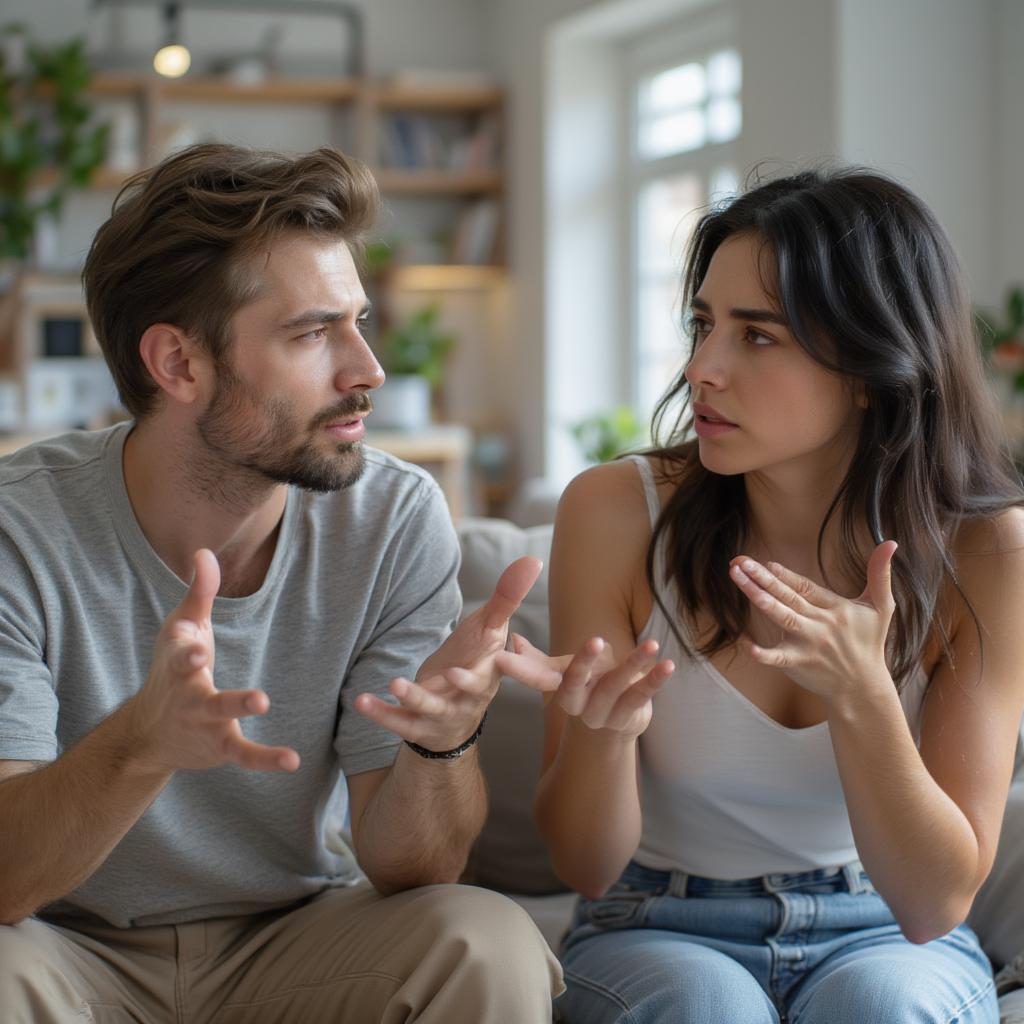 A couple having a disagreement, both looking stressed.