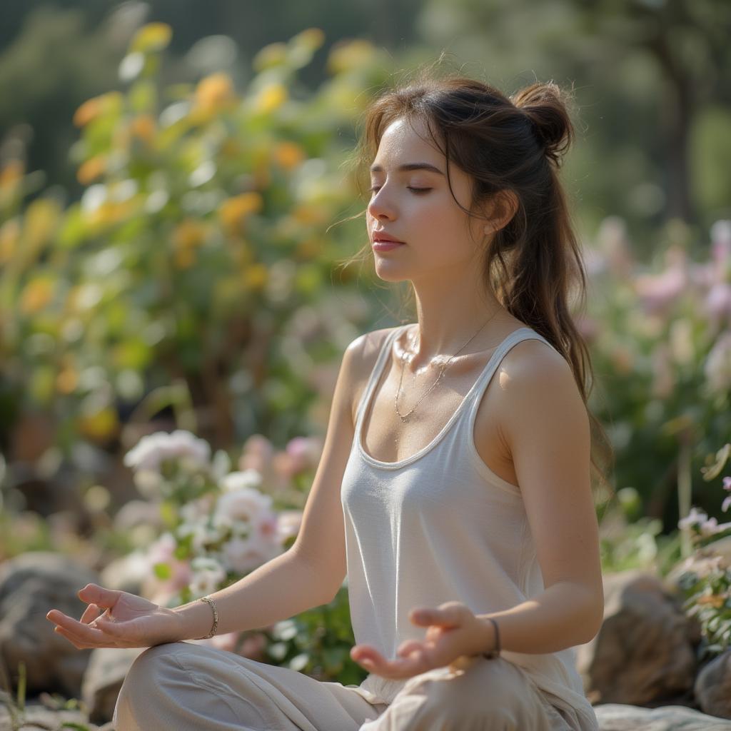 A woman meditating peacefully.