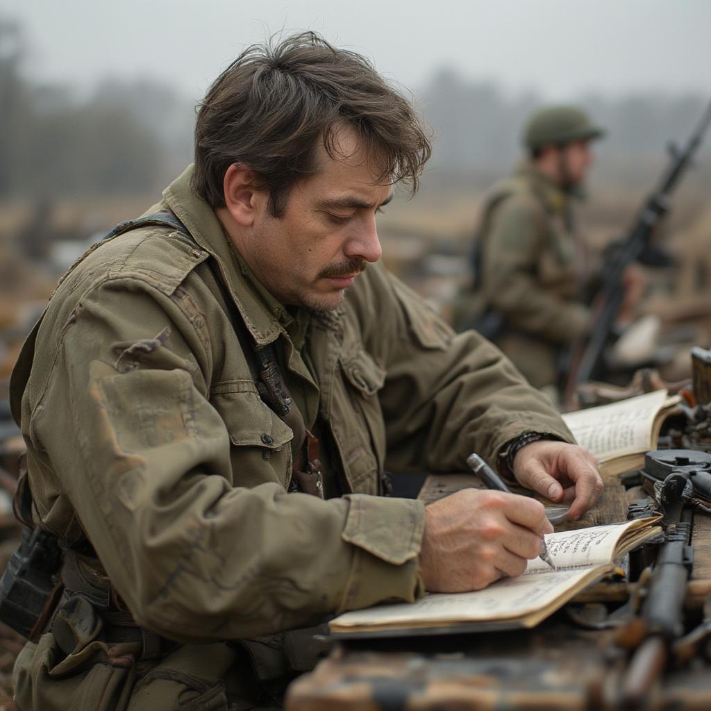 Apollinaire in uniform during WWI, penning a love letter