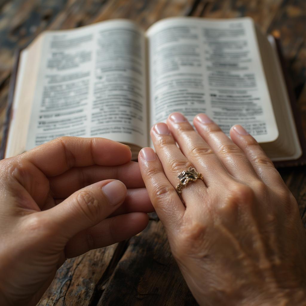 Hands clasped in prayer with bible in background