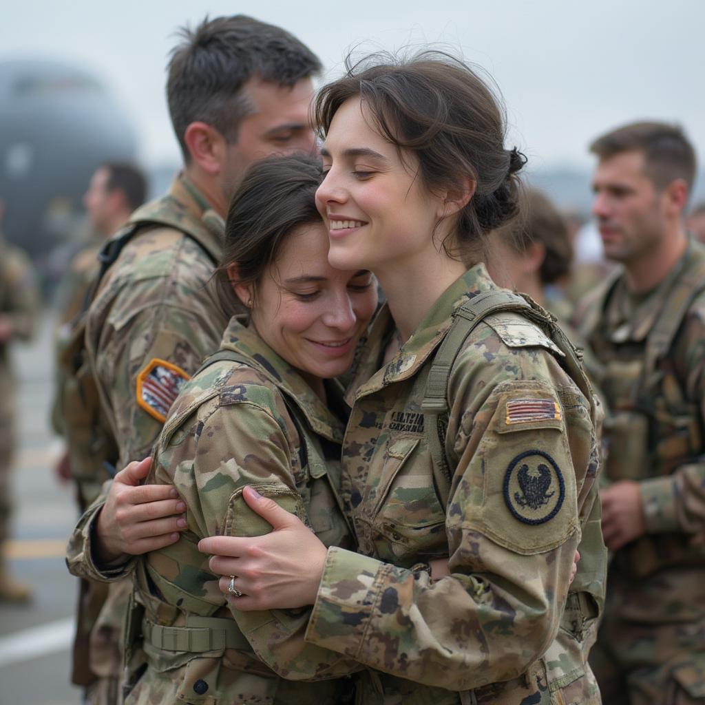 Army husband embracing his wife upon returning home from deployment, filled with emotion and joy.