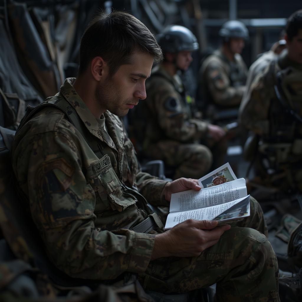 Army husband reading a letter from his wife while deployed, a tender moment of connection amidst the harsh realities of war.