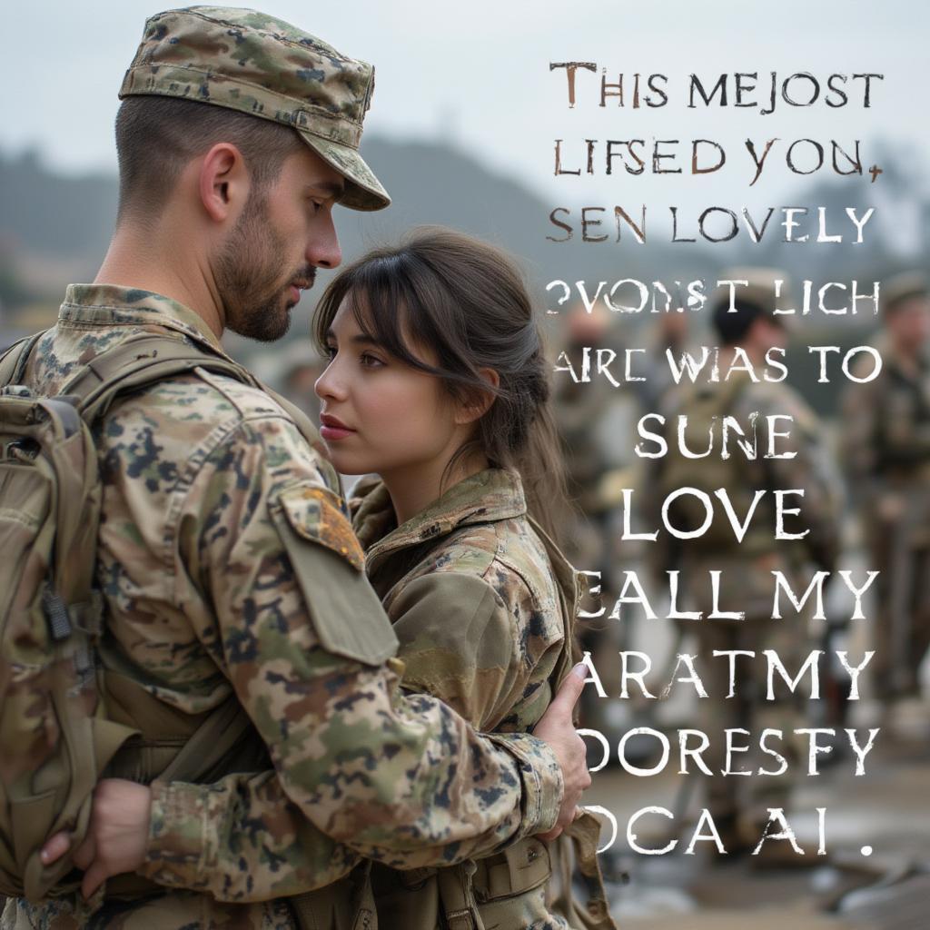 Couple embracing in army uniform against a backdrop of an army base.