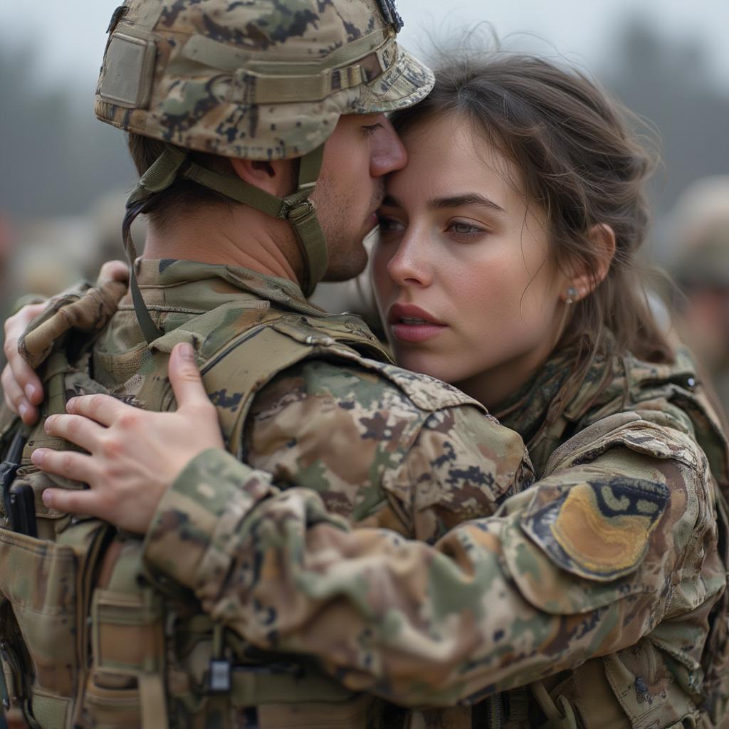 A soldier and their partner embracing in uniform