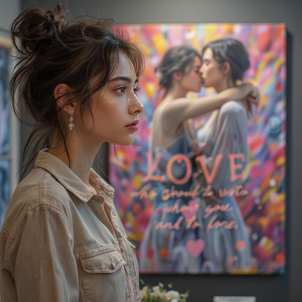 Art Love Quotes for Her - A woman looking at a painting with a quote about love.