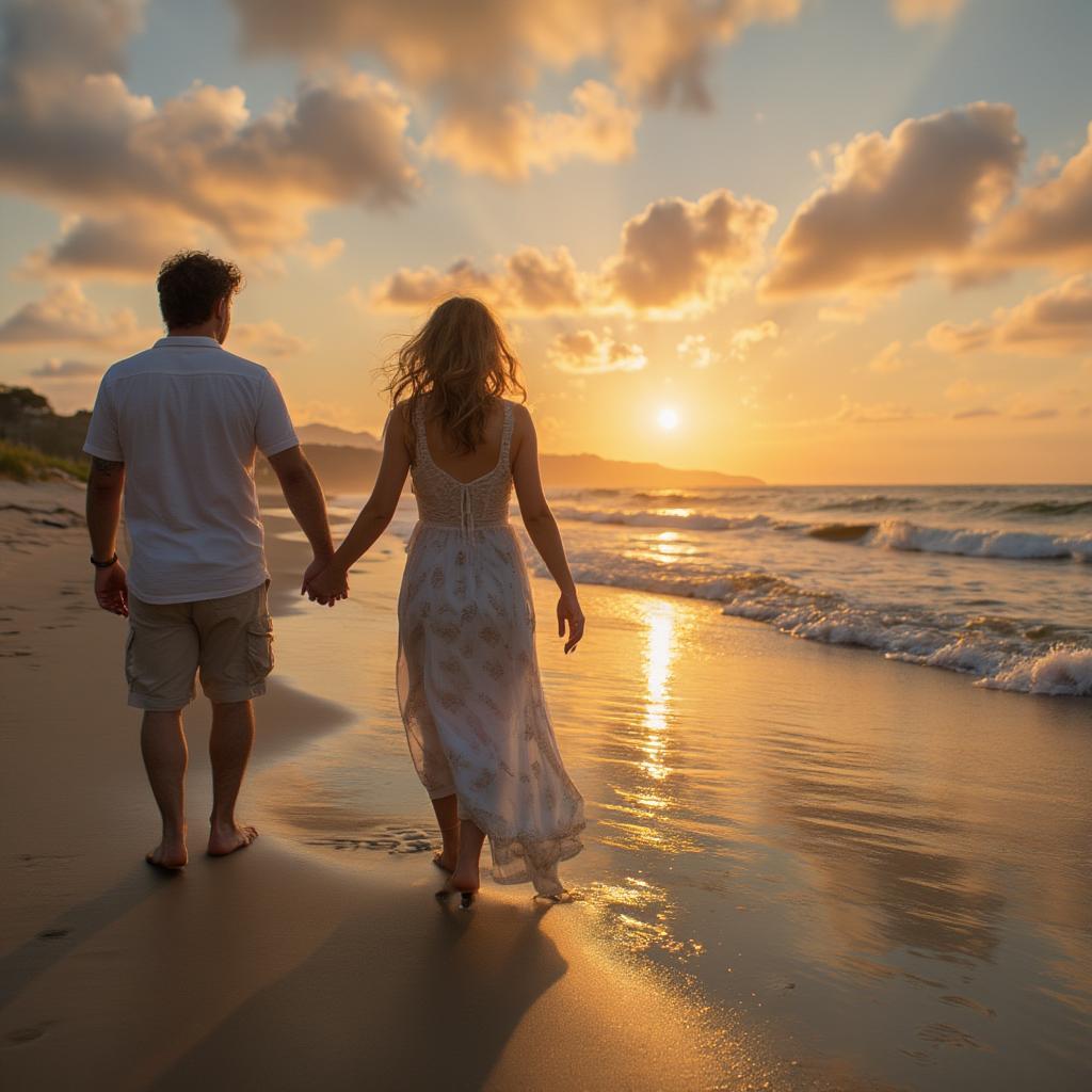 Couple holding hands on a beach, representing a journey together