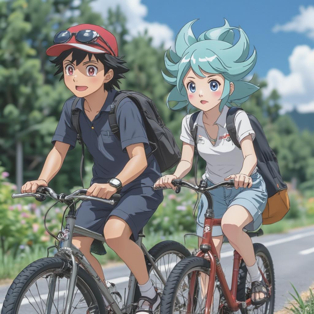 Ash and Misty cycling together during their early adventures.