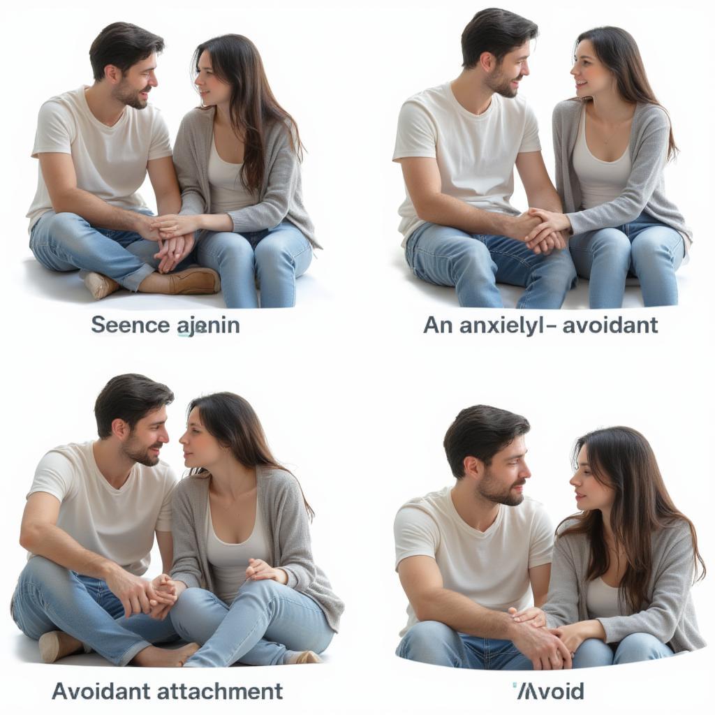 Attachment Styles and Love - Different scenarios of couples interacting, representing secure, anxious, and avoidant attachment styles.