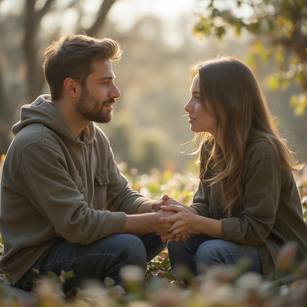 Communication in a Relationship: Couple holding hands and talking.