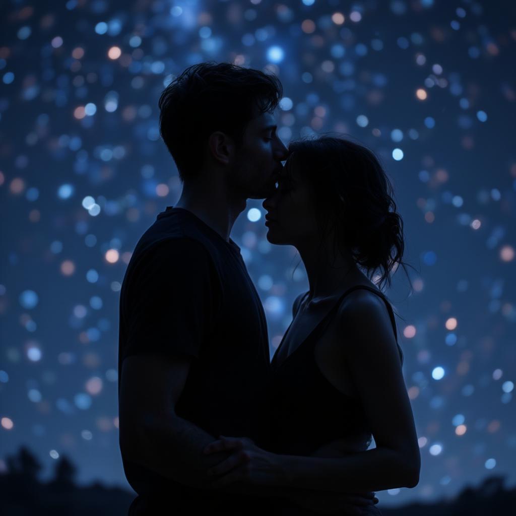 Passionate Romance: Couple embracing under a starry sky