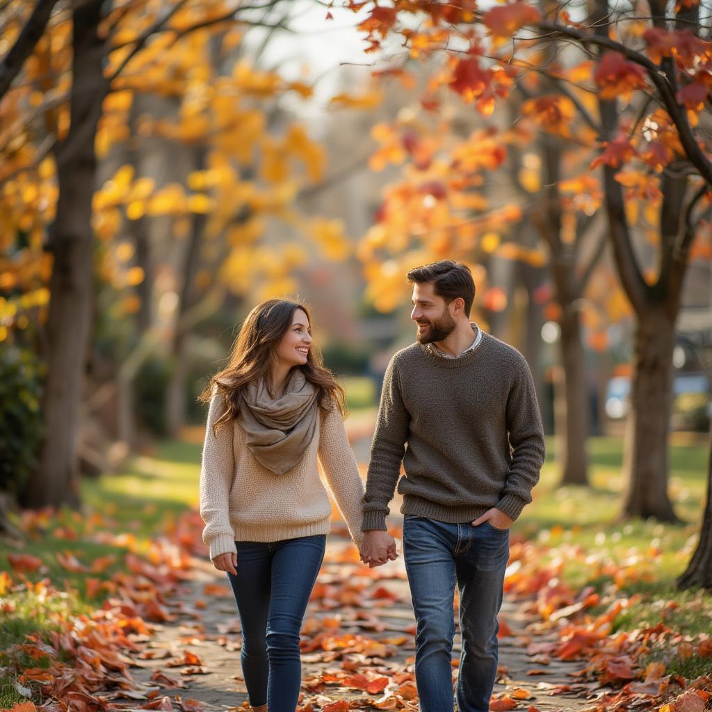 Couple Walking in Autumn Leaves