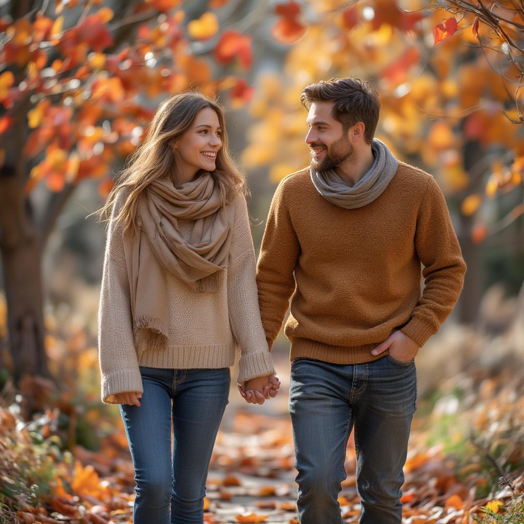 Couple Walking in Autumn Leaves