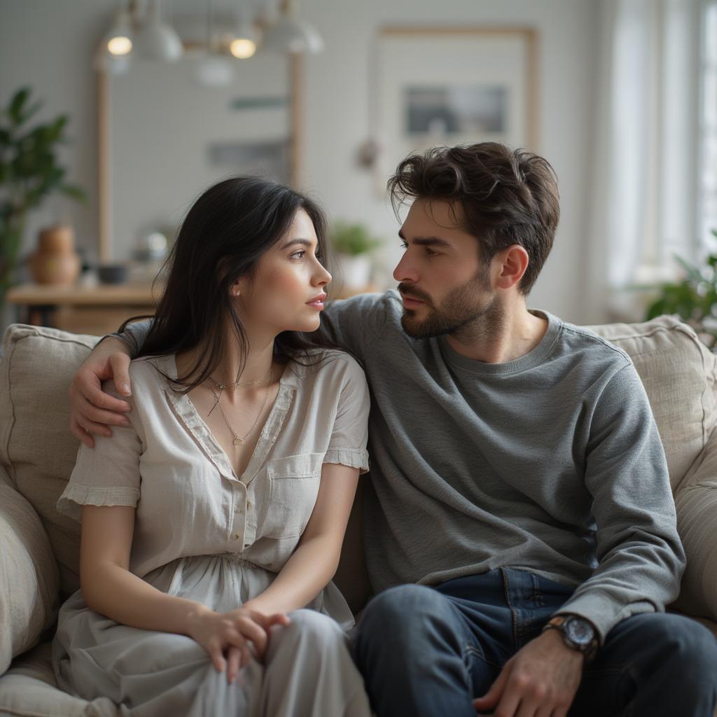 Couple sitting apart on a couch, looking distant and disconnected