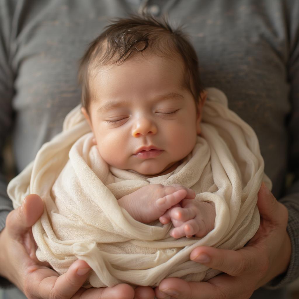 Newborn baby wrapped in a blanket held lovingly by parent