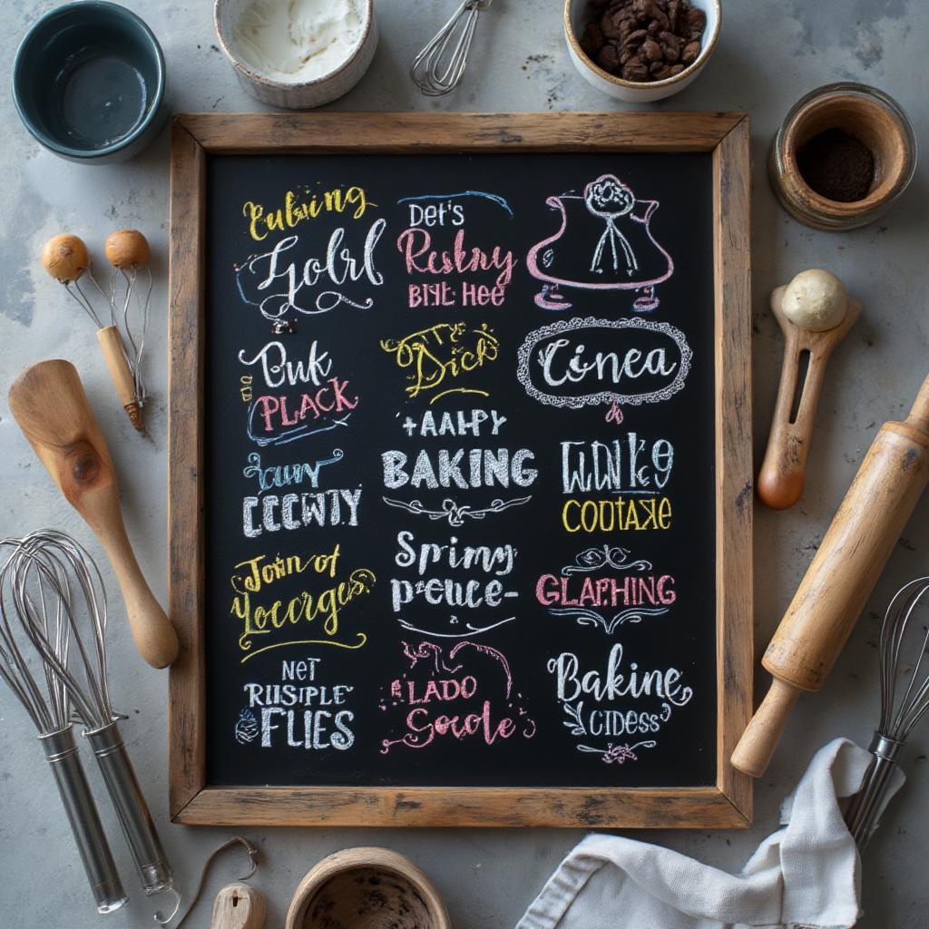 A collection of inspirational baking quotes written on chalkboard with baking tools surrounding it.