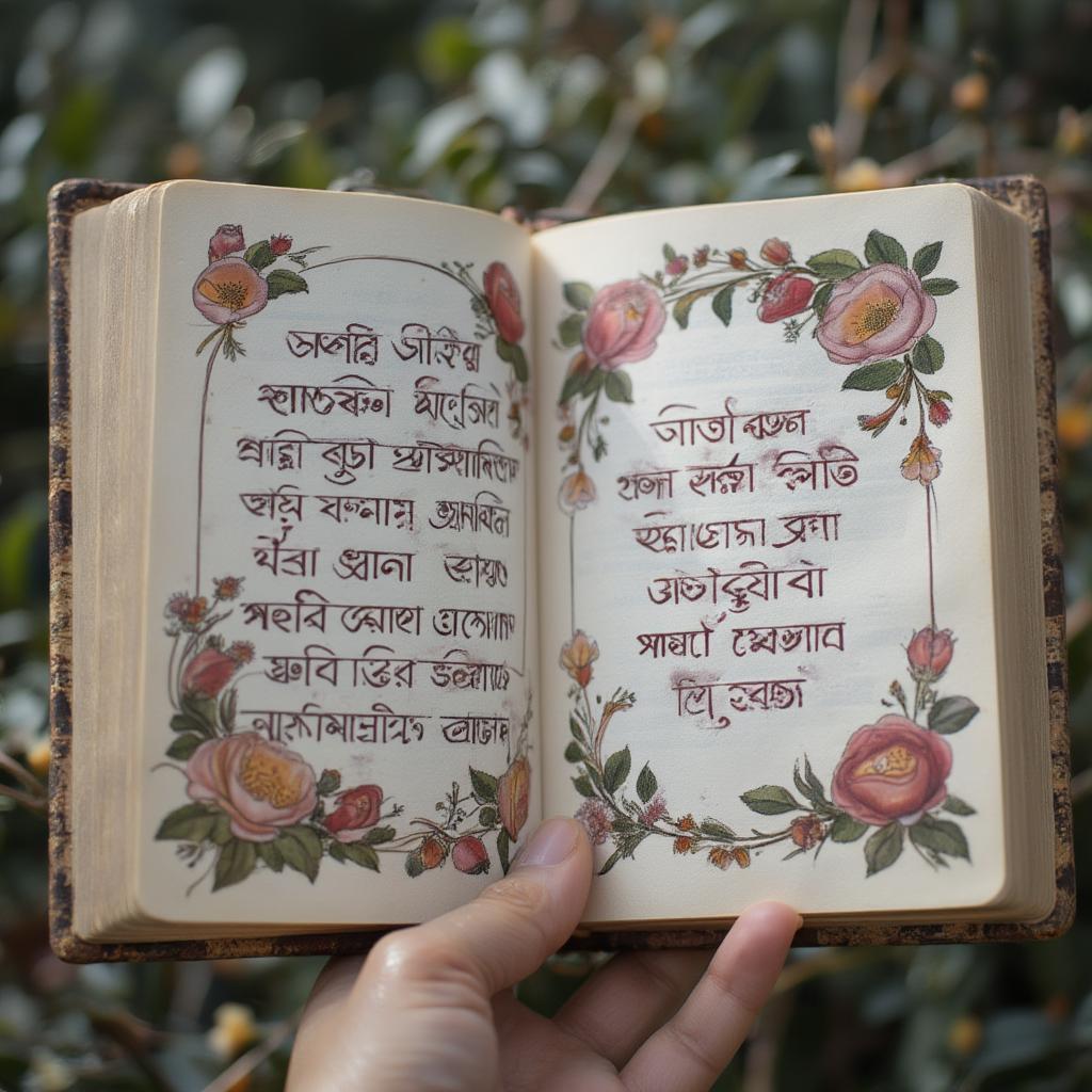 An open book of Bengali love poetry with delicate calligraphy and floral illustrations.