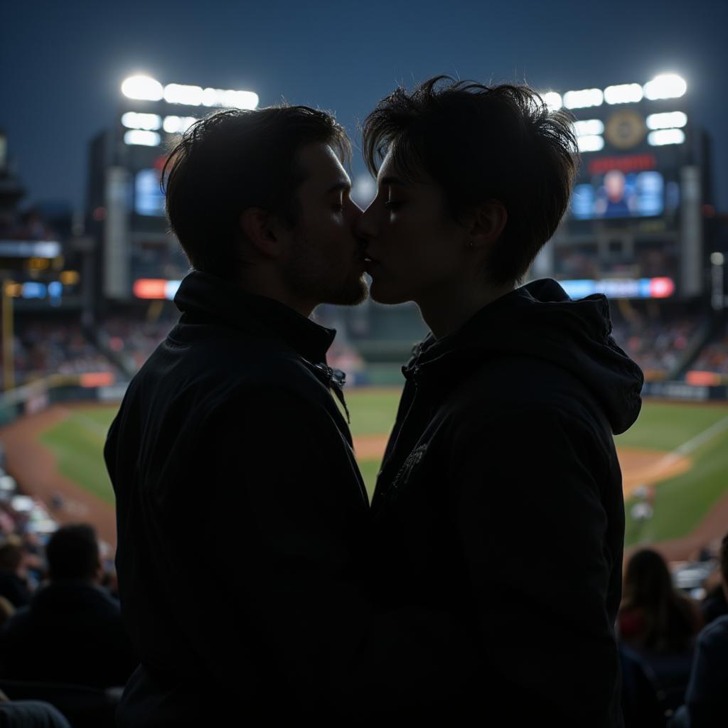 Couple sharing a kiss at a baseball stadium