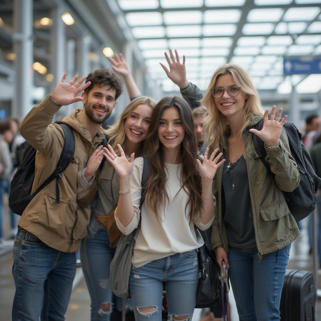 Friends embarking on a trip, smiling and waving goodbye.