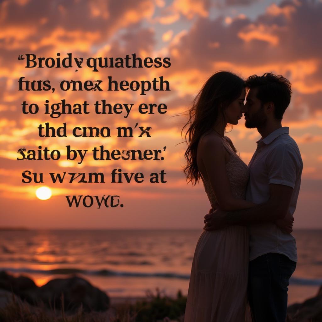 Couple watching sunset on a beach, embracing, with inspirational love quotes overlayed