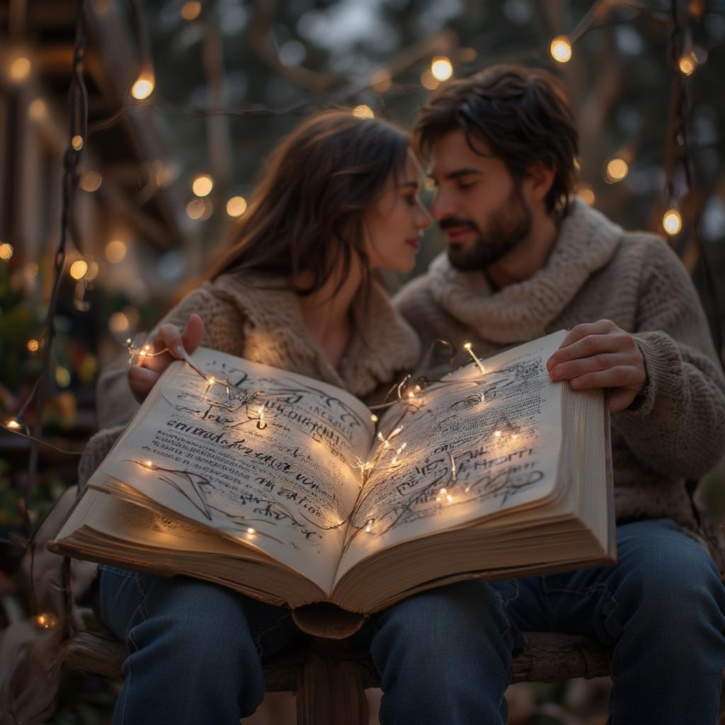 Couple sharing a loving moment with beautiful quotes in the background