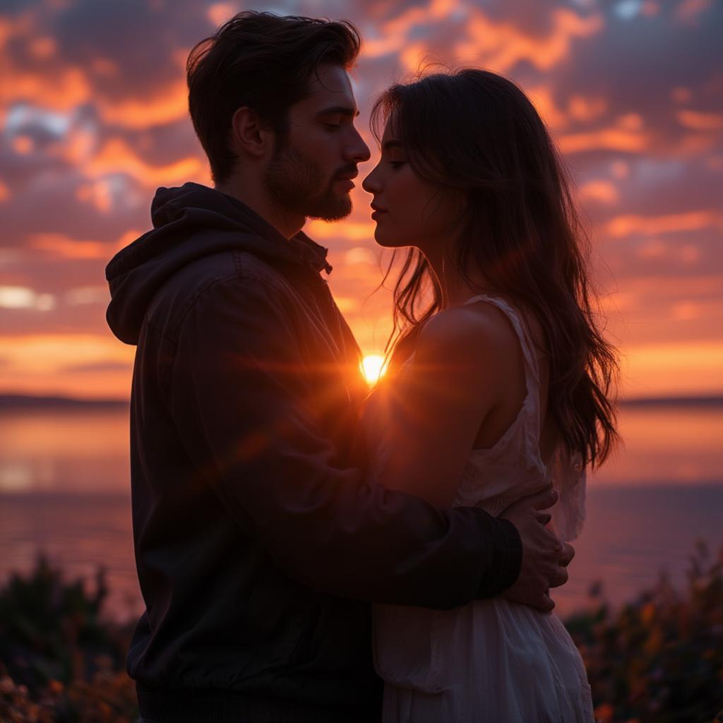 Couple embracing on a beach at sunset, expressing the deep connection and love between them