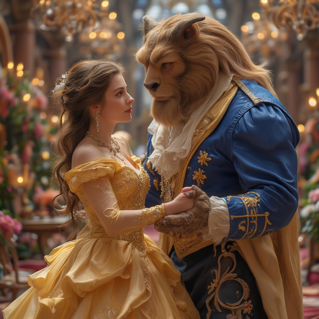 A captivating image depicting Belle and the Beast dancing in the ballroom, symbolizing their blossoming love. The warm lighting and elegant setting evoke a sense of romance and enchantment.