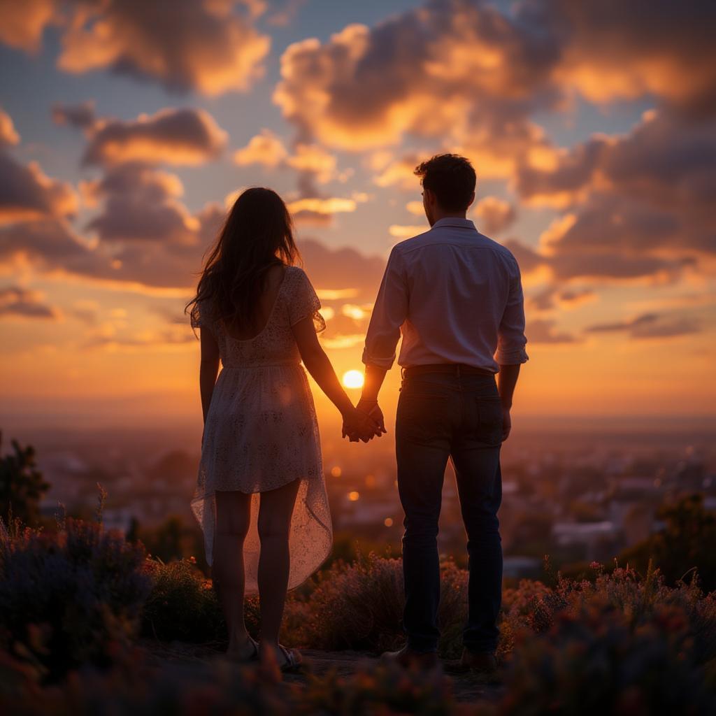 Couple admiring a sunset, symbolizing the beauty of love.