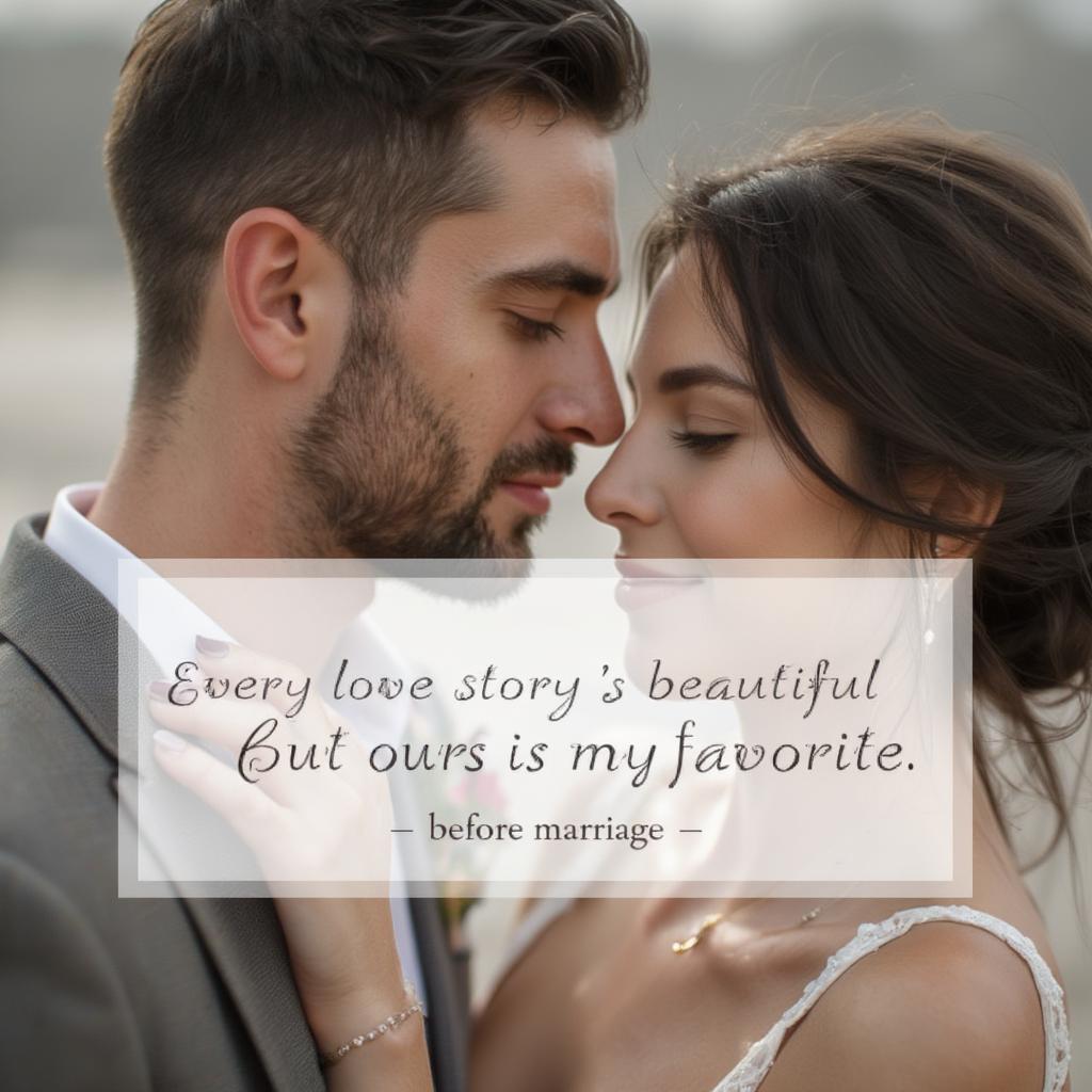 Couple embracing with a before marriage love quote overlay