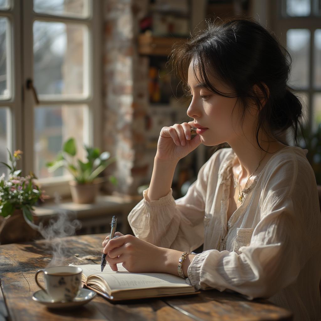 Woman writing in a journal, reflecting on being someone you love quotes