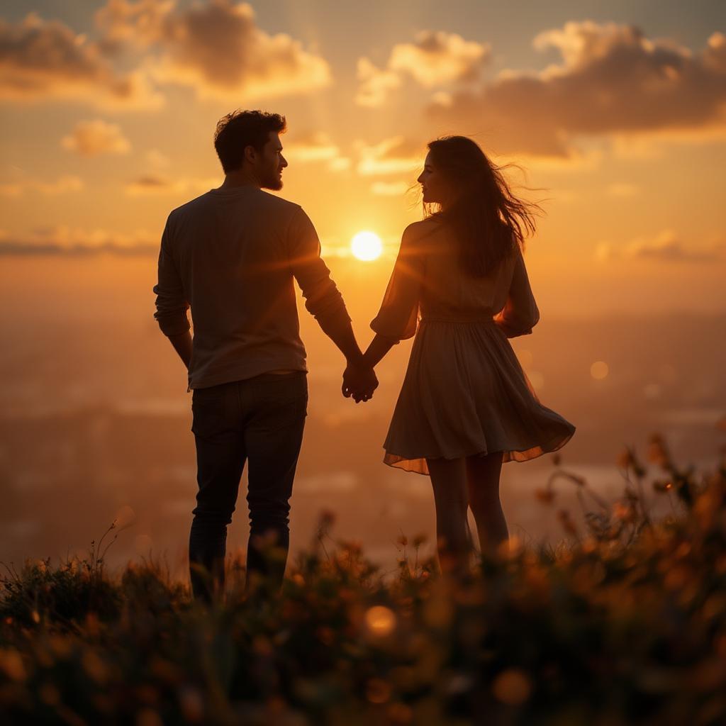 Couple holding hands at sunset, embodying the belief in love.