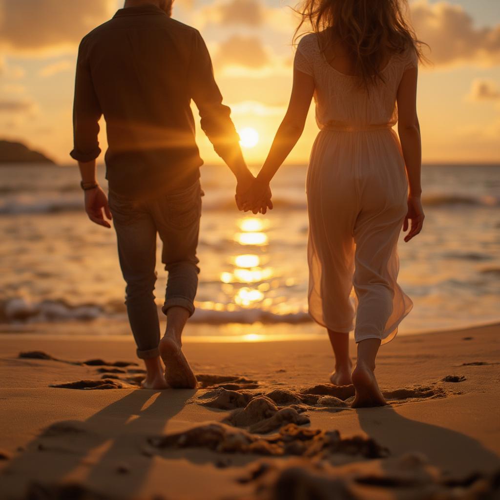 A couple walking hand-in-hand on a beach at sunset, symbolizing a long-lasting and fulfilling relationship.