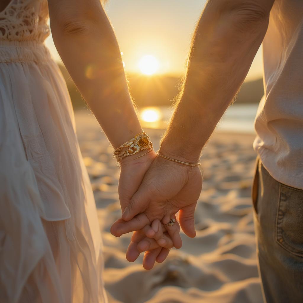 Couple holding hands on a beach, symbolizing companionship and love