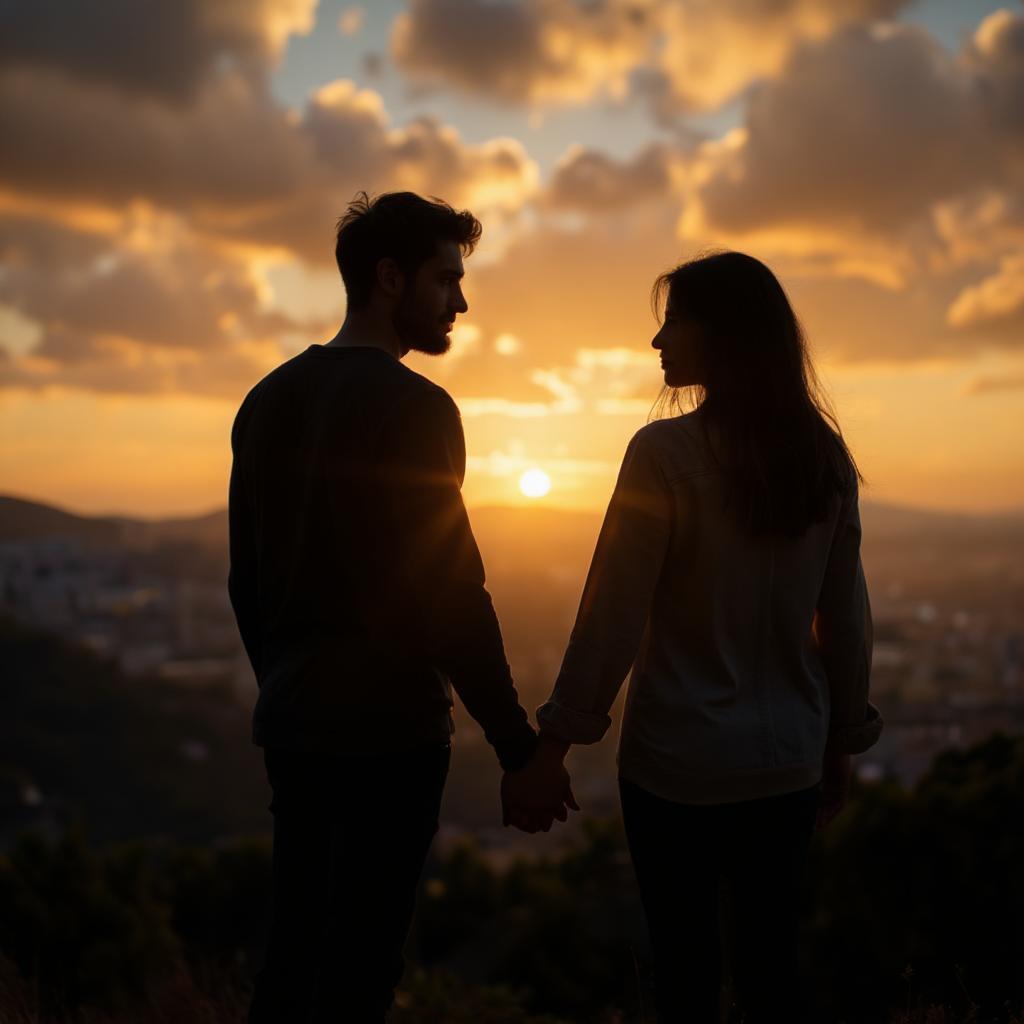 Silhouetted figures of two best friends holding hands against a vibrant sunset, symbolizing a romantic and hopeful future.