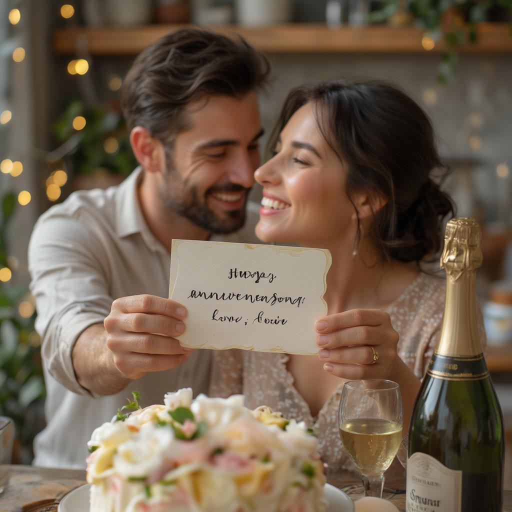 A couple celebrating their anniversary with a cake and champagne.  The wife is holding a card with a handwritten love quote.