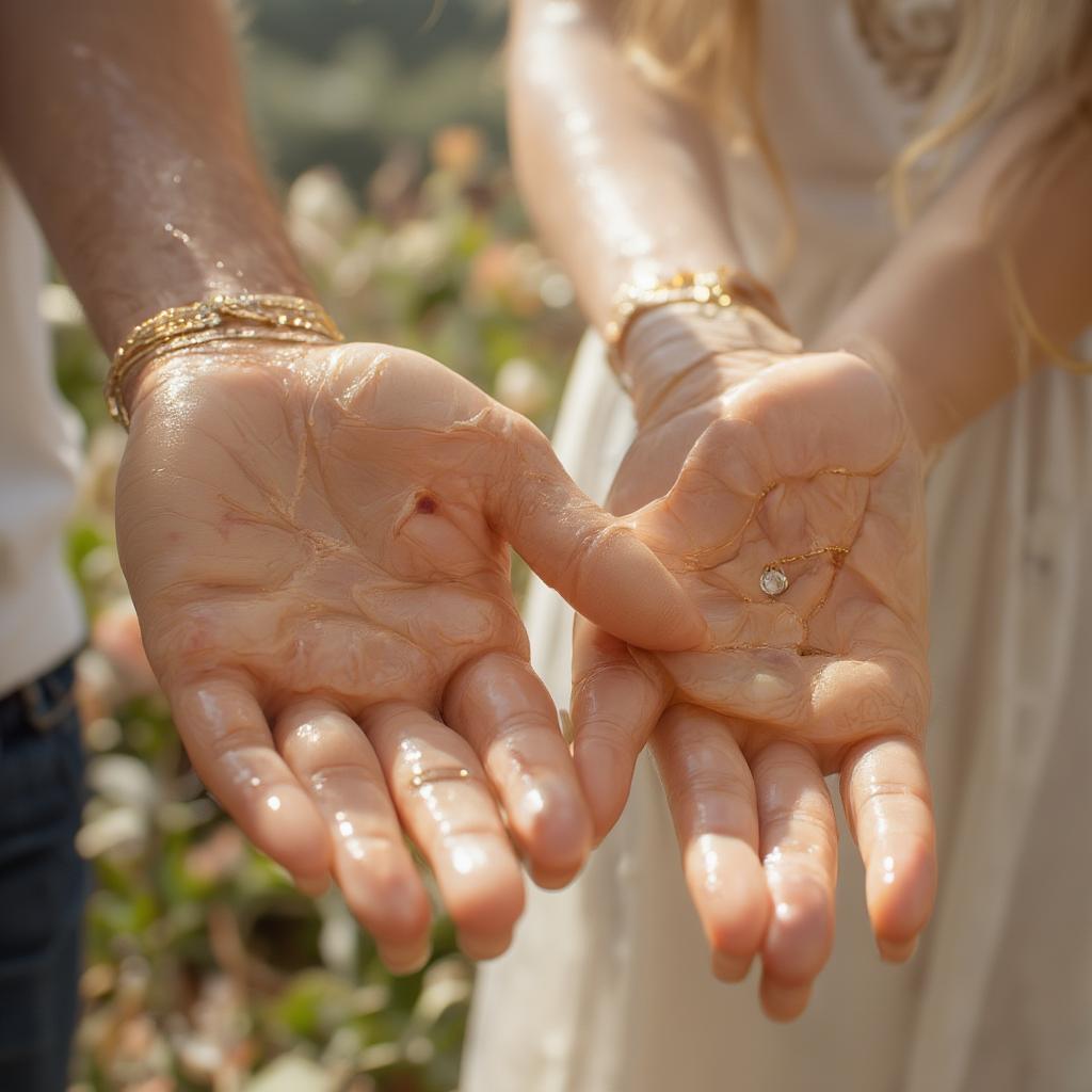 Close-up of a couple holding hands, with a delicate bracelet visible on the wife's wrist.  Sunlight illuminates their clasped hands.