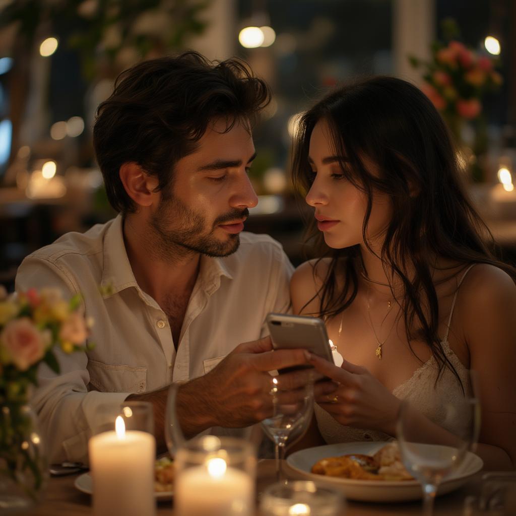 Couple sharing a romantic dinner, illuminated by candlelight. The wife is smiling radiantly as her husband reads her a love quote.