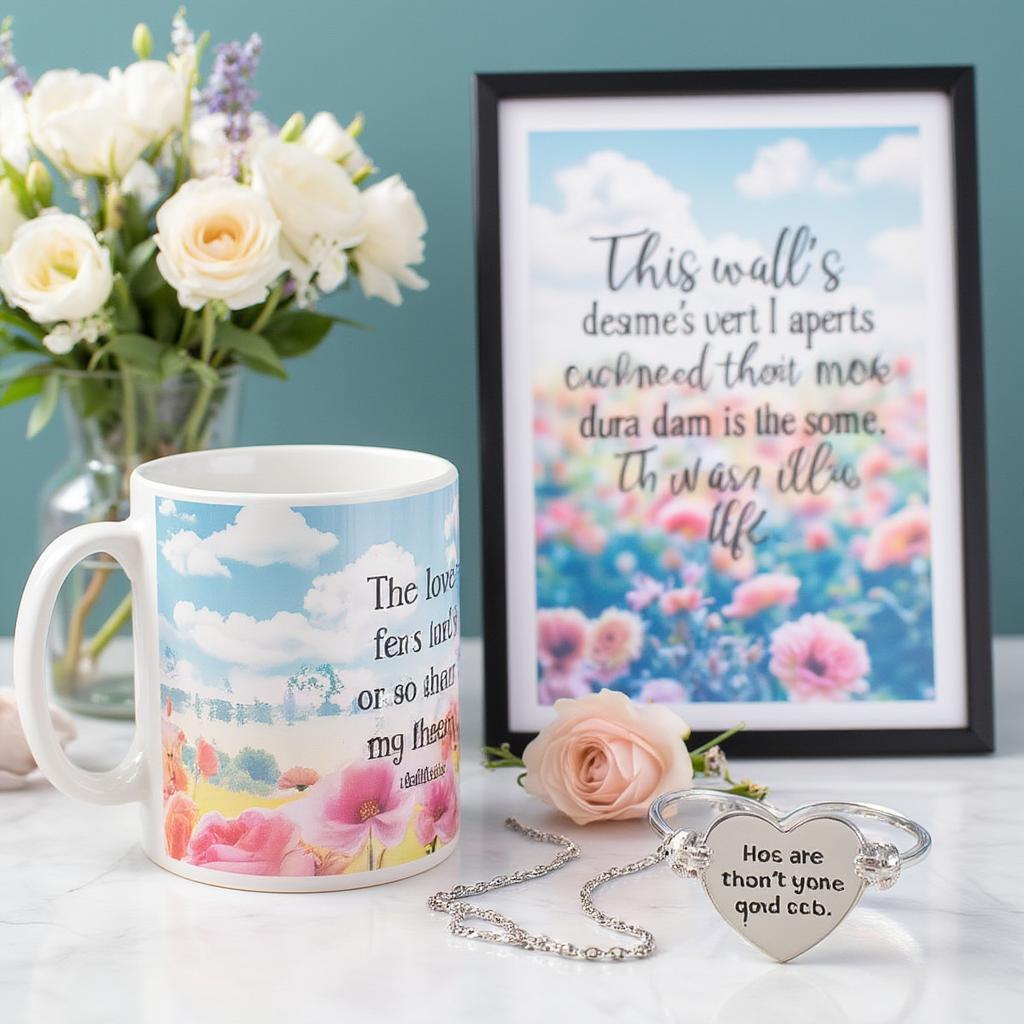 A collection of personalized gifts featuring best love song quotes, such as a framed print, a mug, and a engraved jewelry.