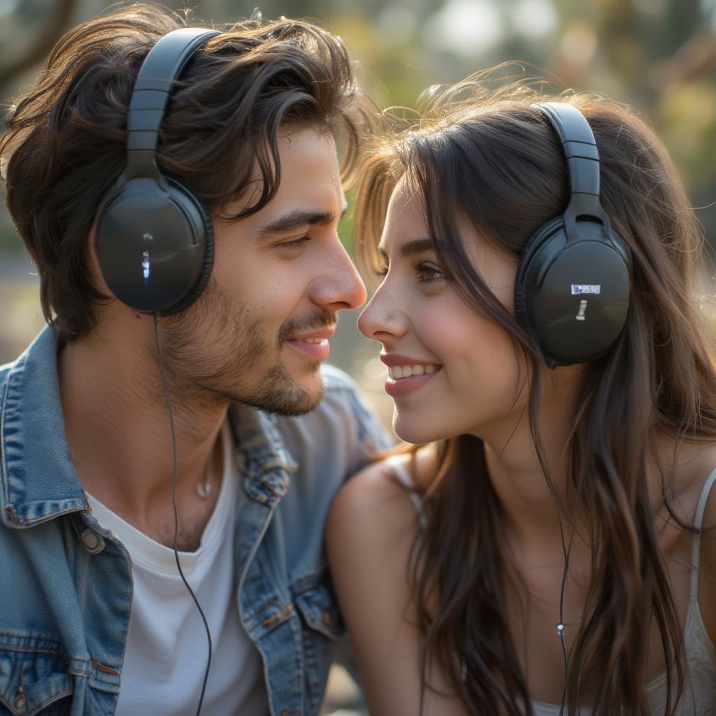 Couple embracing while listening to music on headphones, sharing a romantic moment with best love song quotes.