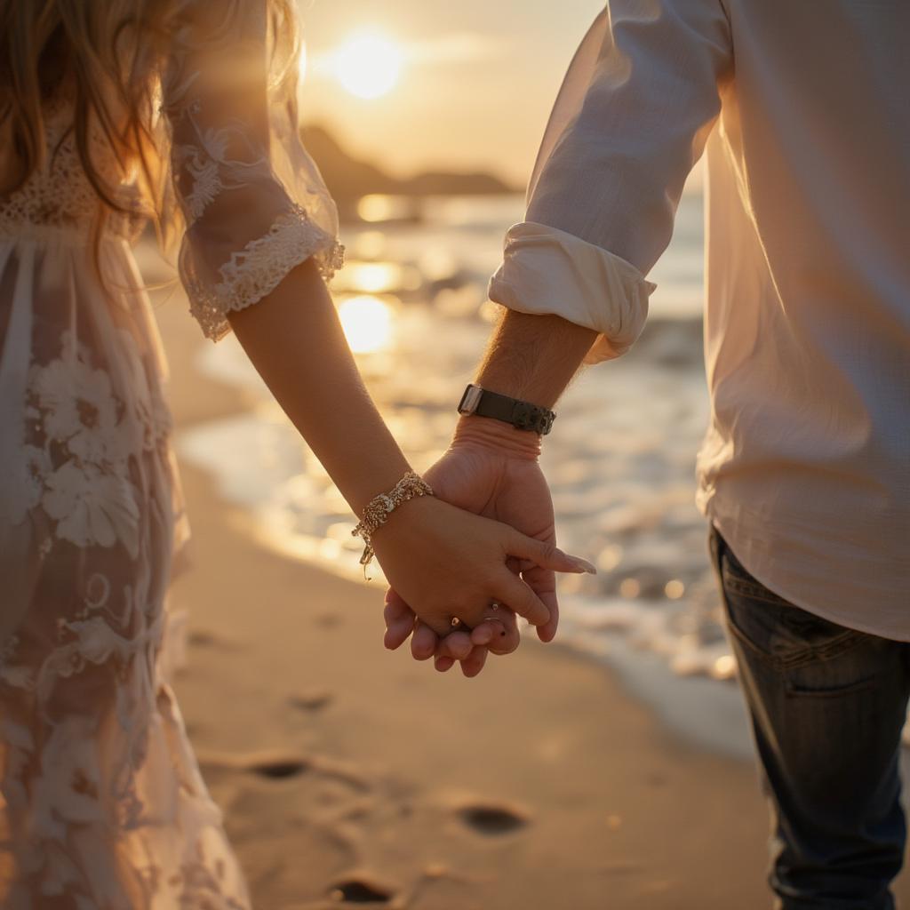 Holding Hands on the Beach with Wife