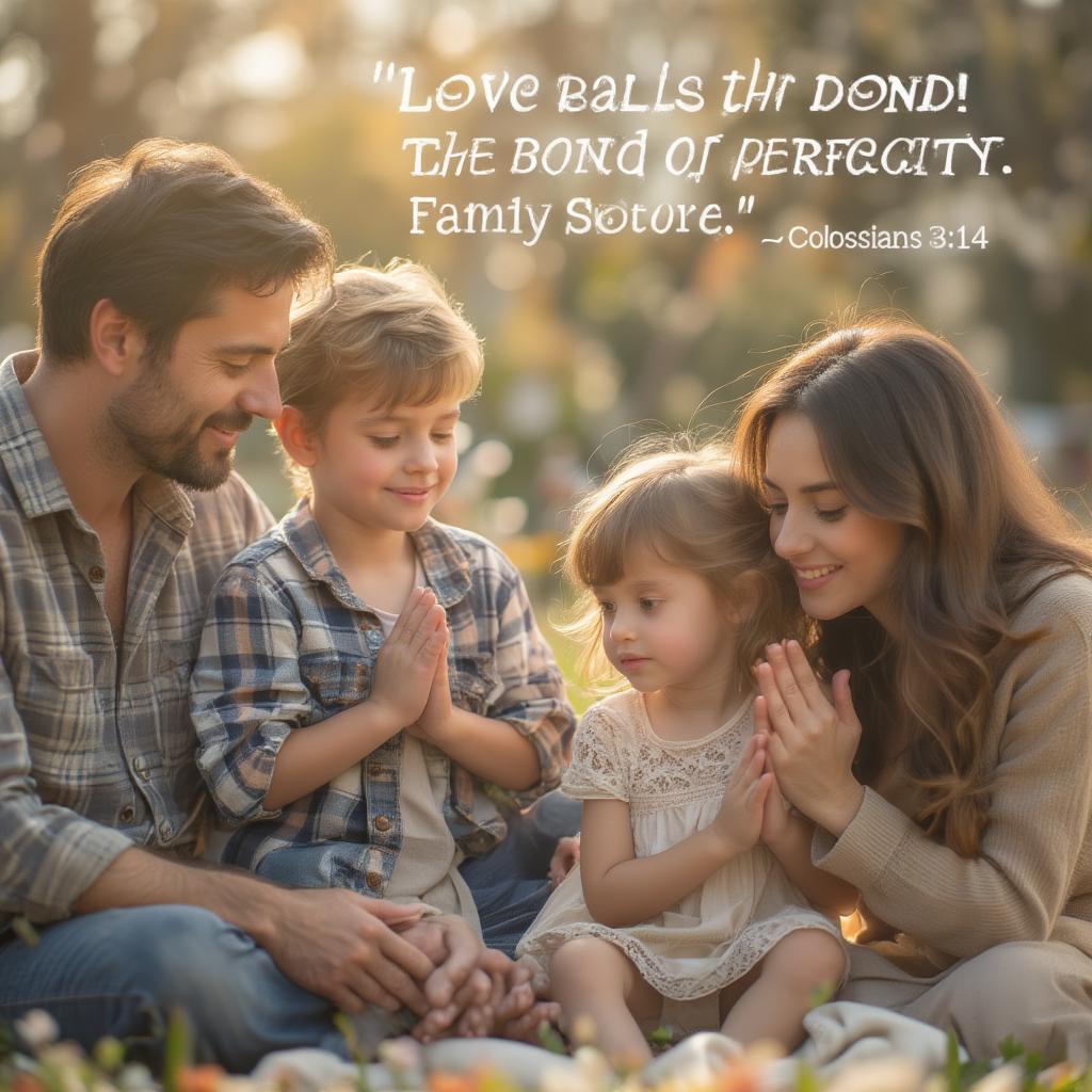 Bible love quotes for families: Image of a family praying together, with a Bible verse overlayed about love being the bond of perfection.