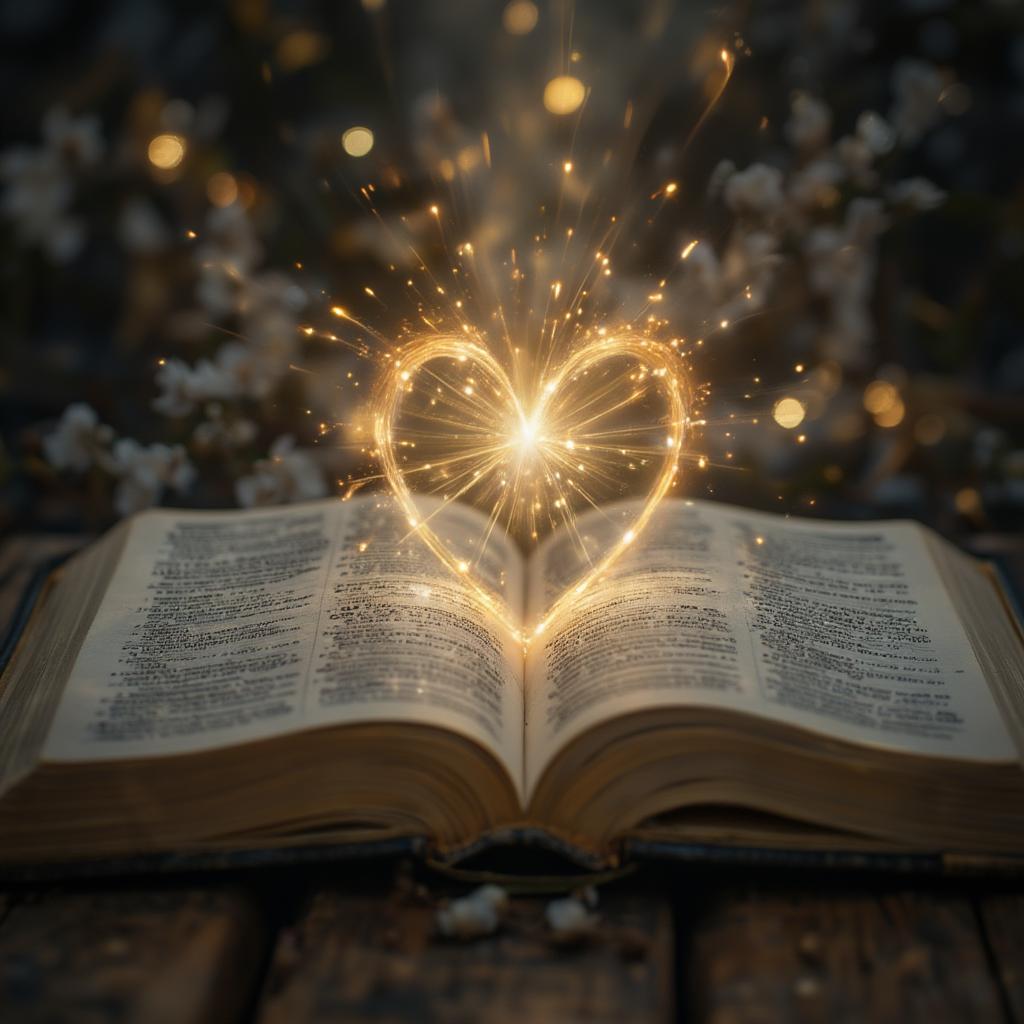 Open Bible with Heart-Shaped Light Shining Down