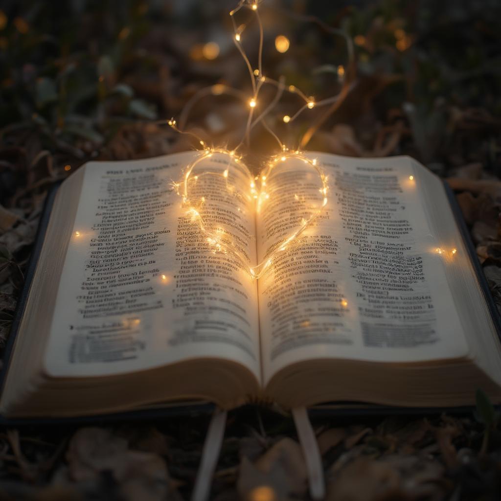 Open Bible with Heart-Shaped Light Shining Down