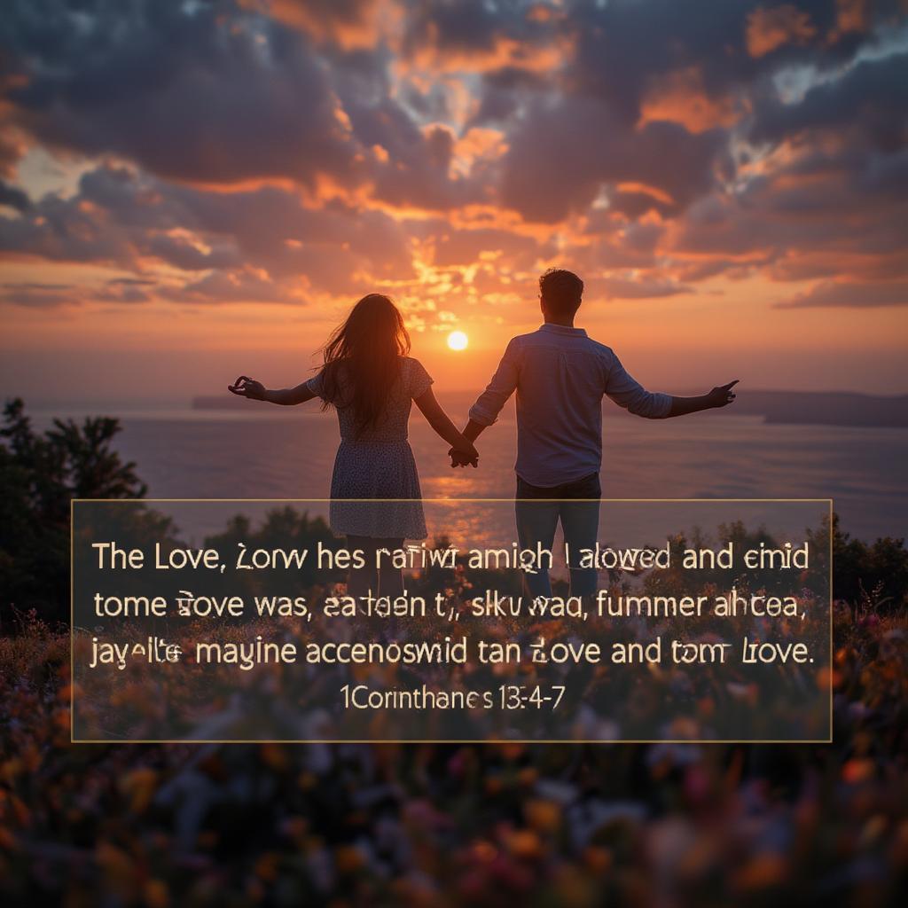 A romantic couple holding hands, gazing at a sunset with a bible verse overlayed.