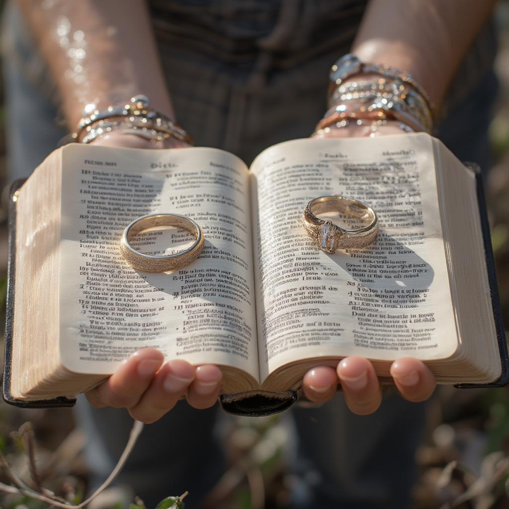 Bible Verses about Love and Marriage: Two hands holding a Bible open to verses on love, with wedding rings visible on their fingers.