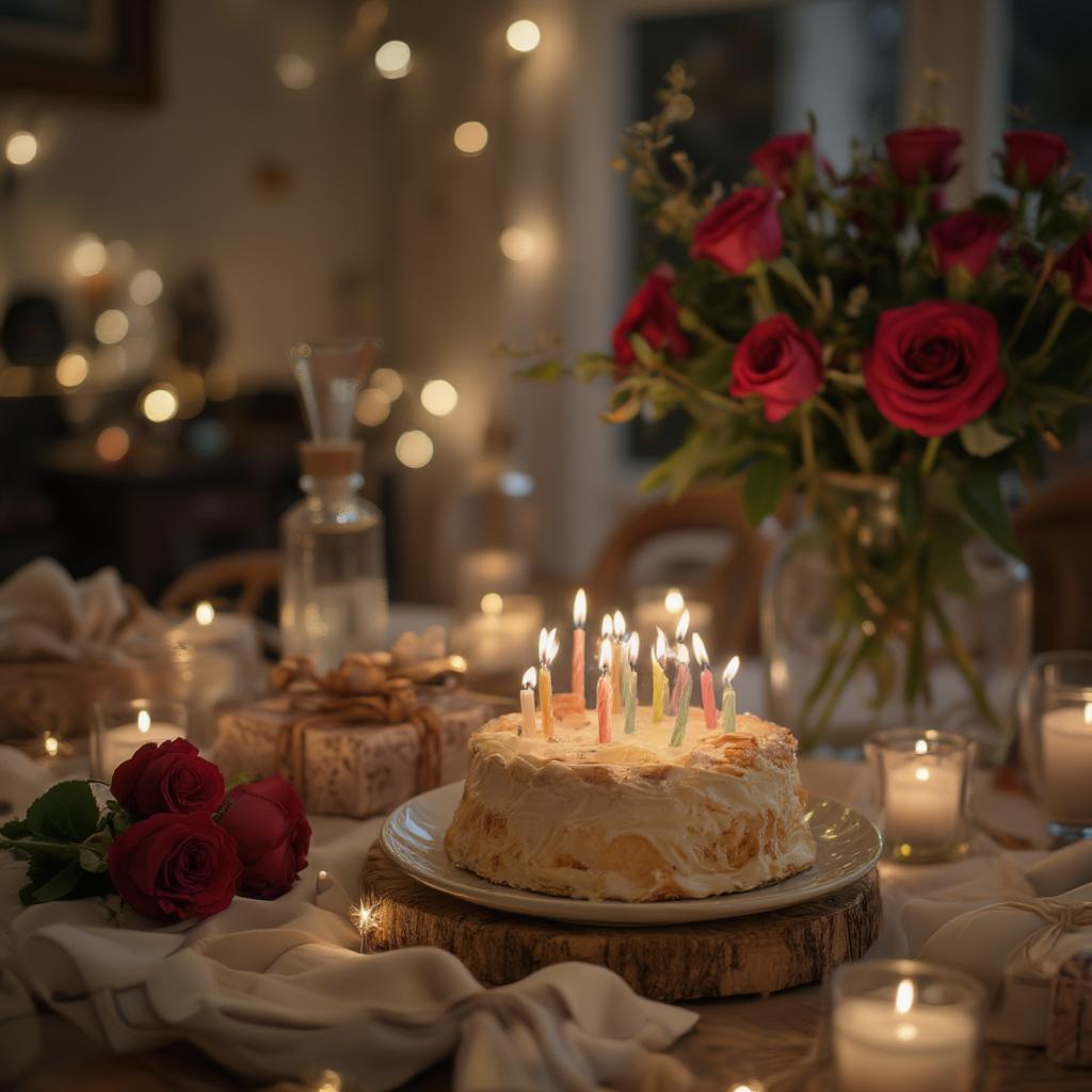 Romantic Dinner Setting with Birthday Cake and Gifts