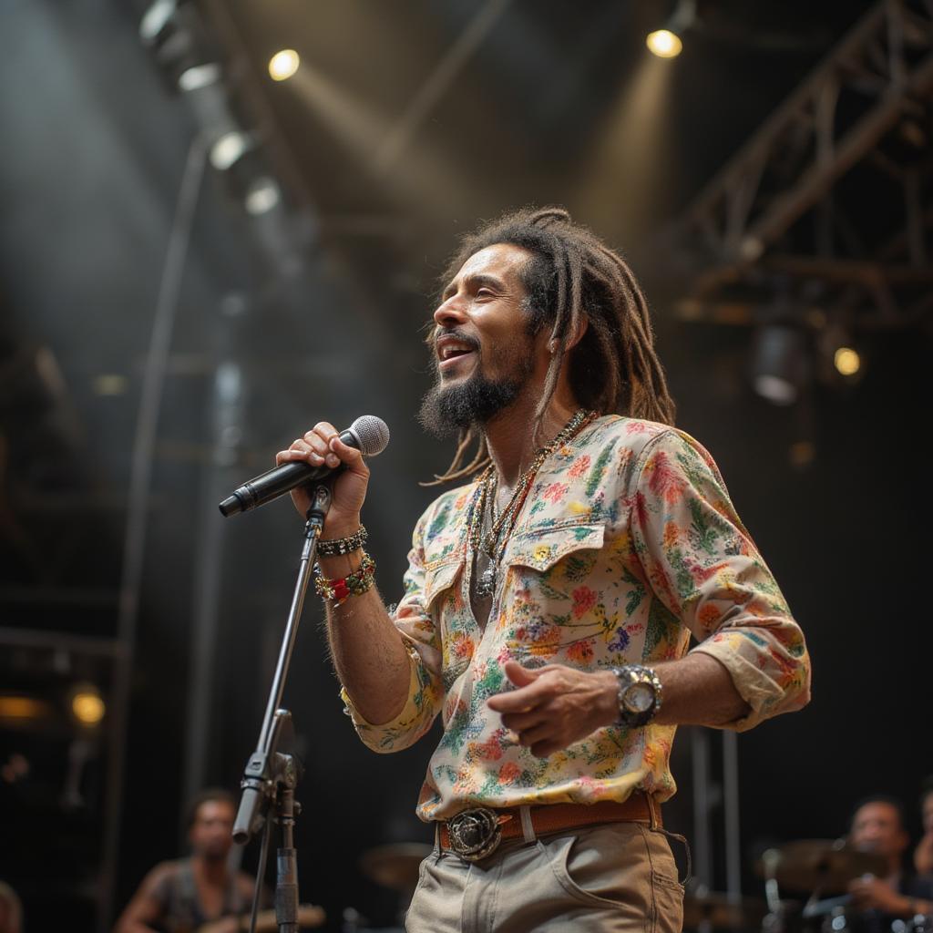 Bob Marley performing on stage, radiating energy and passion.