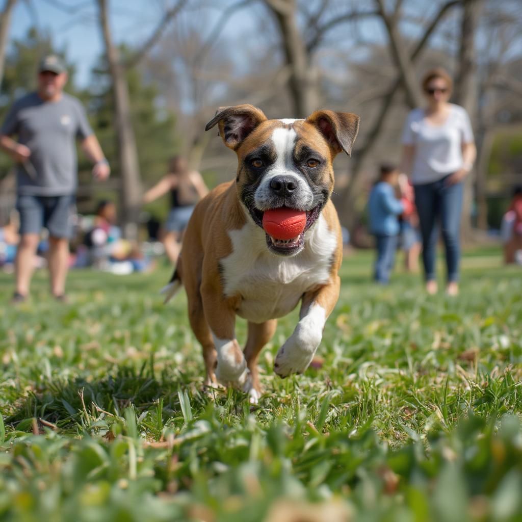 Boxer playing fetch in the park